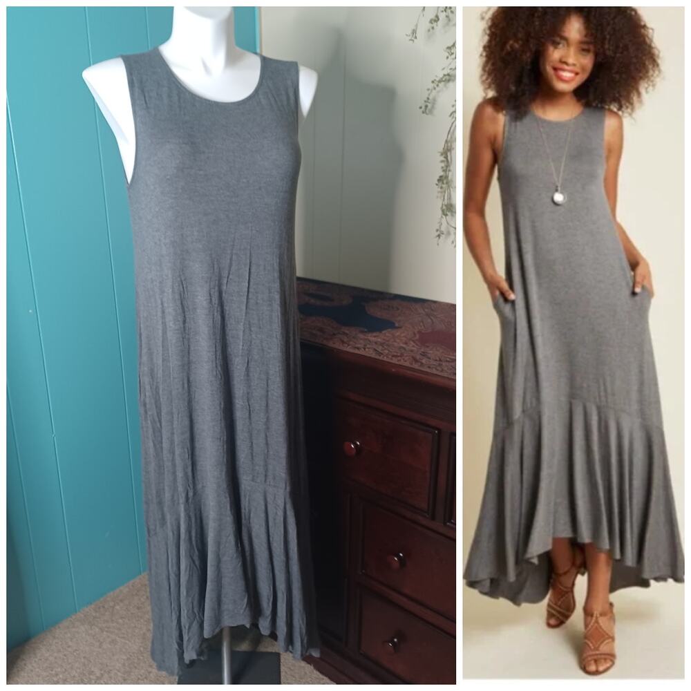 ModCloth Gray Fearlessly Flowy Jersey Knit Maxi Tank Dress Rayon Ruffle Hem